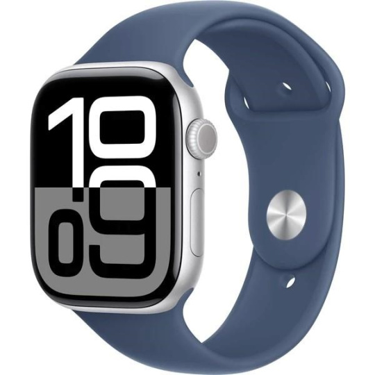 Apple Watch Series 10 GPS + Cellular 46mm Silver Aluminium Case with Denim Sport Band - M/L