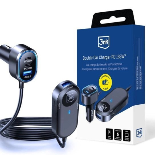3mk Double Car Charger 135W PD QC PPS USB 2A4C Black/Gray