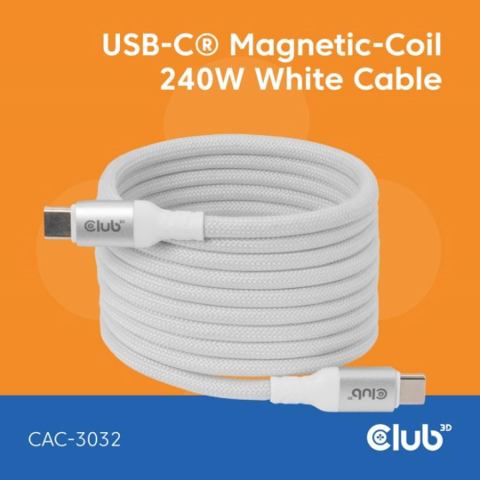 Club3D Kabel magnetický USB-C, 240W PD3.1, 480 Mbps, 2m, bílá Club3D Kabel magnetický USB-C, 240W PD3.1, 480 Mbps, 2m, bílá