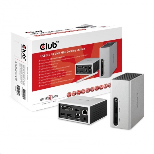 Club3D Mini dokovací stanice USB 3.2 4K30Hz UHD (HDMI/DVI/4x USB 3.1/Ethernet/Audio) DisplayLink® Certified