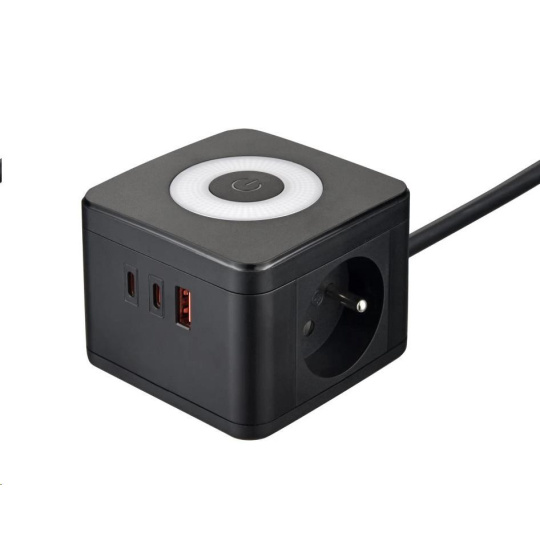 Viking síťový adaptér YC23L, 2x 230 V, 1x USB-A, 2x USB-C, dotykové světlo, délka 1,4 m, černá