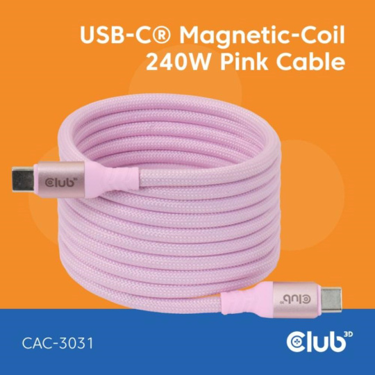 Club3D Kabel magnetický USB-C, 240W PD3.1, 480 Mbps, 2m, růžová Club3D Kabel magnetický USB-C, 240W PD3.1, 480 Mbps, 2m, růžová