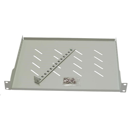BAZAR - LEXI-Net 19" police s perforací 1U/650mm, nosnost 45kg, zadní nastavitelný úchyt, šedá - prohnutá