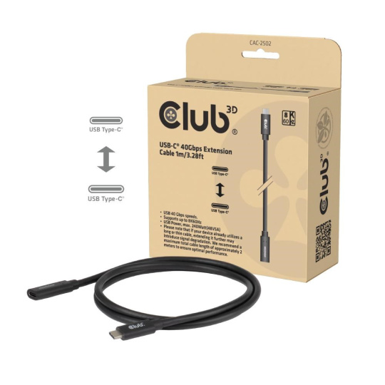 Club3D Prodlužovací kabel USB-C 8K60Hz, 40Gbps, Power Delivery 240W, (M/F), 100cm Club3D Prodlužovací kabel USB-C 8K60Hz, 40Gbps, Power Delivery 240W, (M/F), 100cm