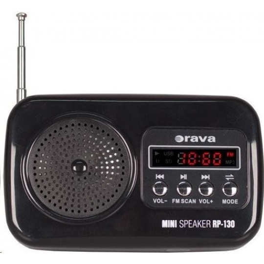 Orava RP 130 přenosný rádiopřijímač, SD Karta, výstup na sluchátka, LED displej, FM rádio, USB, AUX vstup, černý