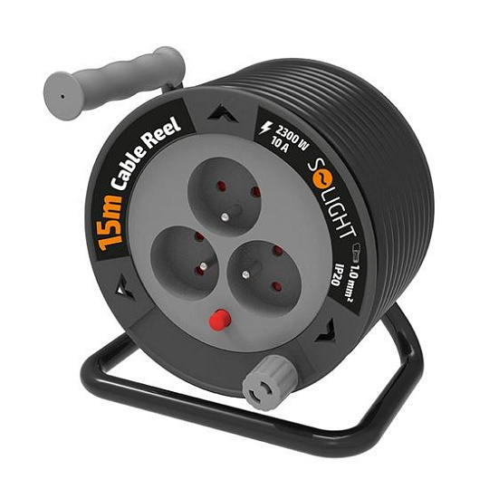 Solight prodlužovací přívod na bubnu 15m, 3 zásuvky, černý kabel, 3x 1,0mm2