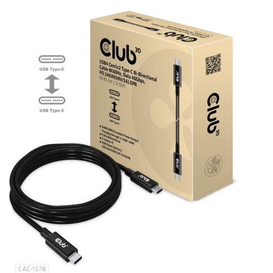 Club3D Kabel USB4 Gen3x2 Type-C Oboustranný kabel 8K60Hz, Data 40 Gbps, PD 240W(48V/5A) EPR M/M 2m