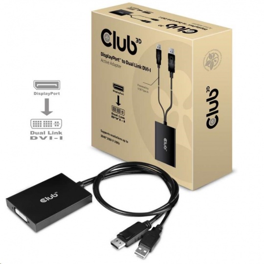 Club3D Adaptér aktivní DisplayPort na Dual Link DVI-D, USB napájení, 60cm, HDCP ON