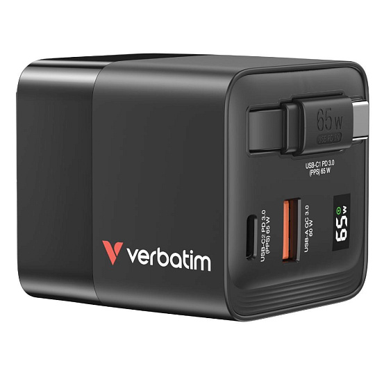 VERBATIM GaN Nabíječka do sítě, S kabelem, USB-C, USB-A, černá