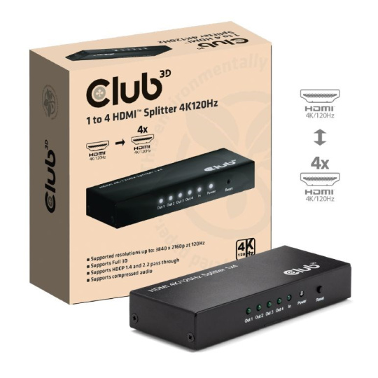 Club3D Video rozbočovač 1:4 HDMI 2.0 4K120Hz, 4 porty, černá