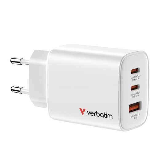 VERBATIM GaN Nabíječka Essentials 65W, 2xUSB-C, 1xUSB-A, bílá VERBATIM GaN Nabíječka Essentials 65W, 2xUSB-C, 1xUSB-A, bílá